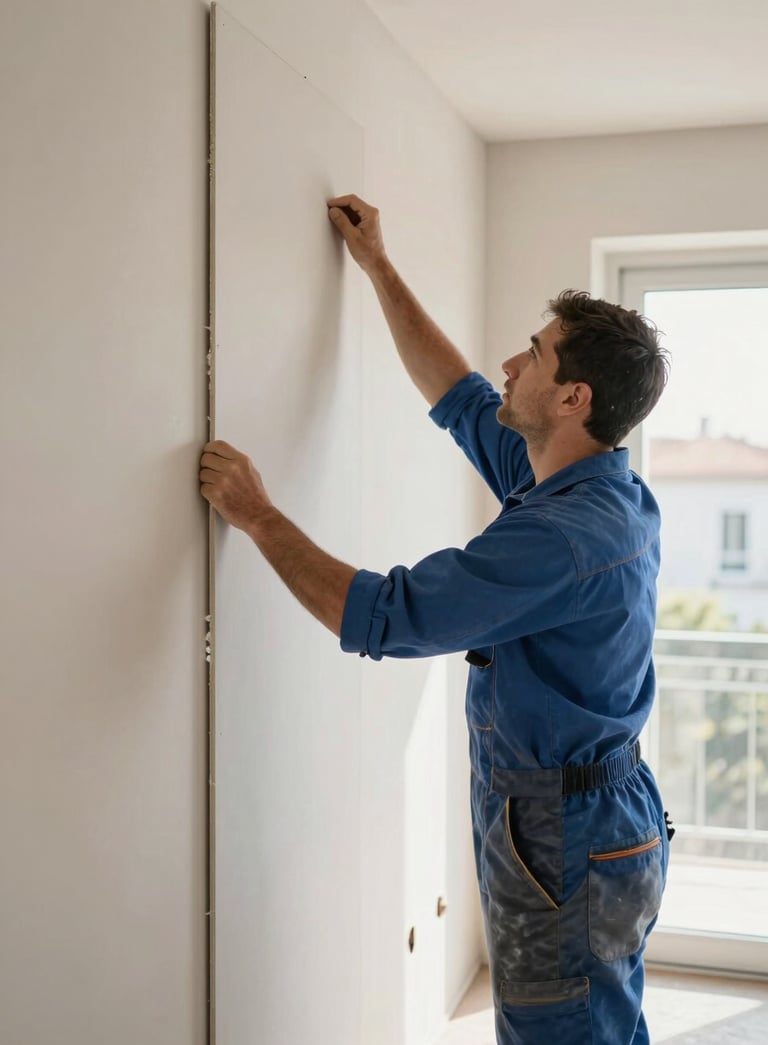 A skilled worker installing high-quality drywall panels in a modern apartment in Braga, Northern Portugal, natural morning light, clean work environment, professional slate blue attire.