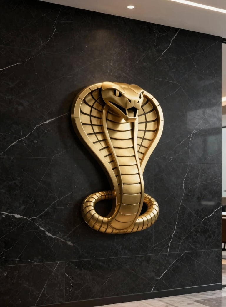 Minimalist corporate logo of a cobra head in metallic gold, centered on a deep black marble wall with sophisticated shadows, luxury office atmosphere.