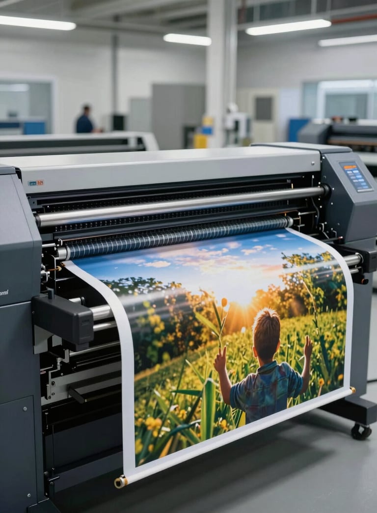 A large-format industrial printer in a clean, high-tech printing facility in Western European / French, producing a vibrant high-resolution advertising banner. Professional cinematic lighting.