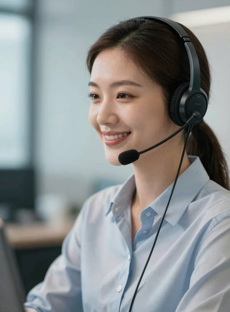 A professional portrait of a customer service agent wearing a sleek, modern black headset, smiling warmly. The background is a soft-focus office interior with Steel Blue and Mist White color tones.