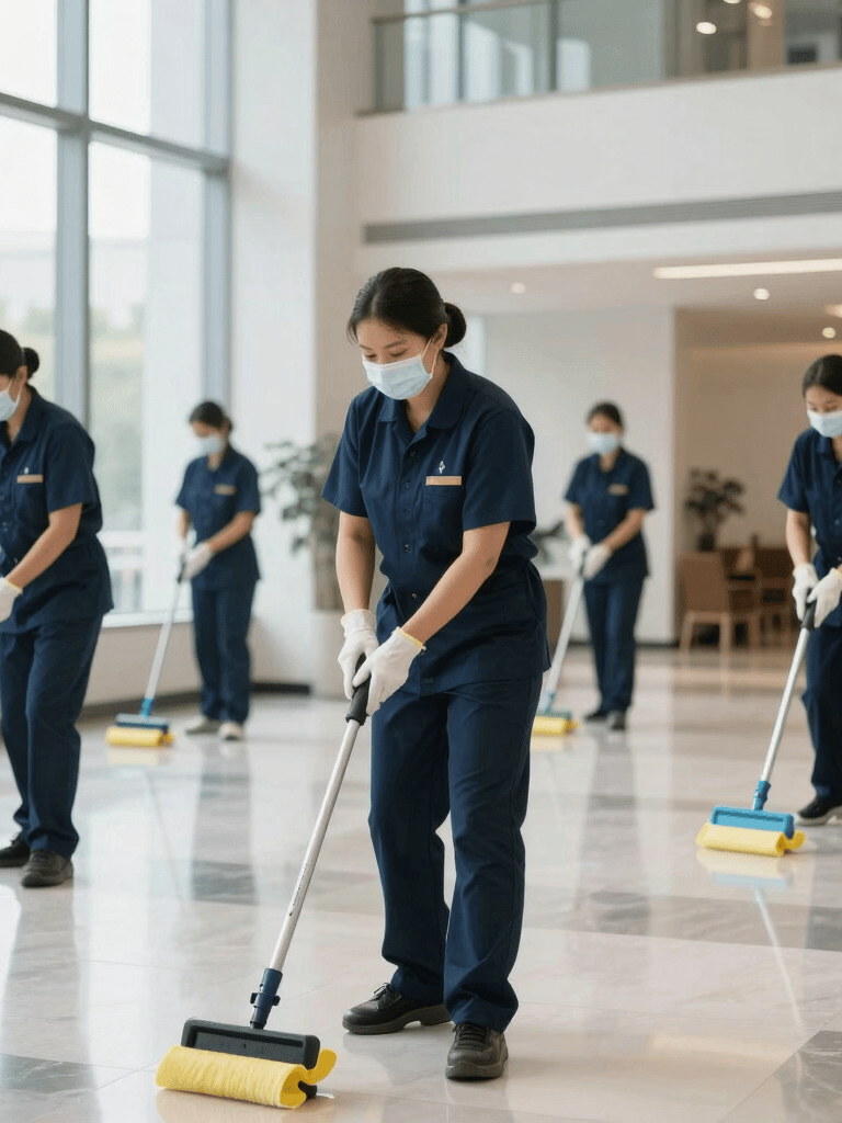 A team of professional cleaning staff in tidy uniforms working in a bright, modern corporate lobby with large windows and polished floors, North American / US setting.
