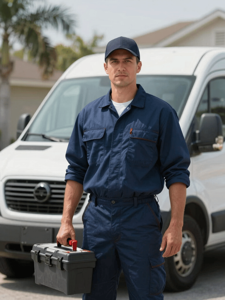 A professional North American / US plumber in a clean navy blue uniform standing confidently in front of a service van, holding a toolbox, Orlando residential street background, bright daylight.