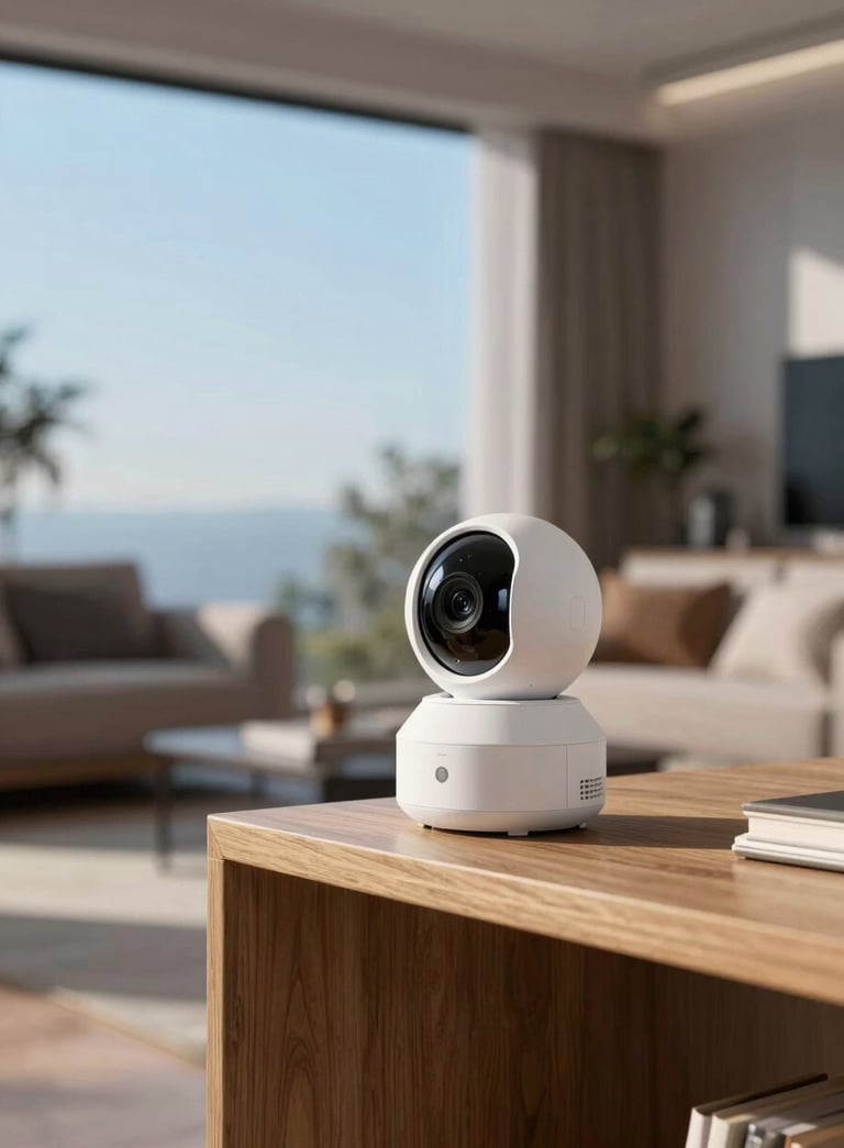 A high-end, modern living room interior featuring a white wireless security camera positioned discreetly on a wooden shelf. The room is bathed in soft sky blue morning light.