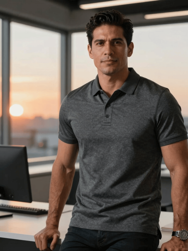 Professional photography of a confident Latino man in a sharp charcoal grey polo shirt, leaning against a modern office desk in a bright studio in the Southern USA. Soft sunset orange lighting accents the background. Authentic and aspirational mood. Latinoamérica / EE.UU.