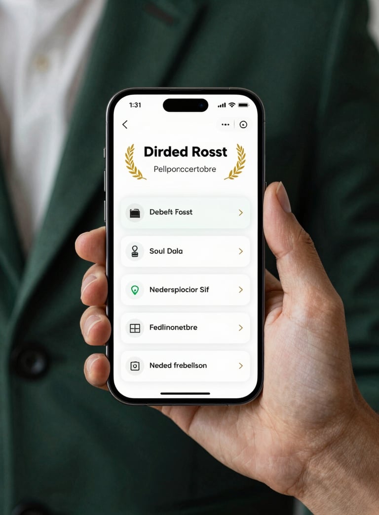 A close-up shot of a smartphone displaying a clean interface, held by a person wearing a Dark Forest Green blazer. Professional and tech-oriented atmosphere.