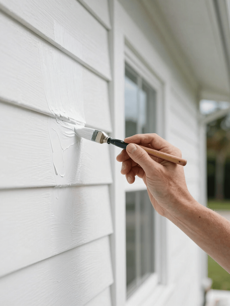 A professional painter's hand applying a smooth coat of white paint to a house exterior in Sarasota, Florida. The scene features bright daylight and clean, sharp edges.