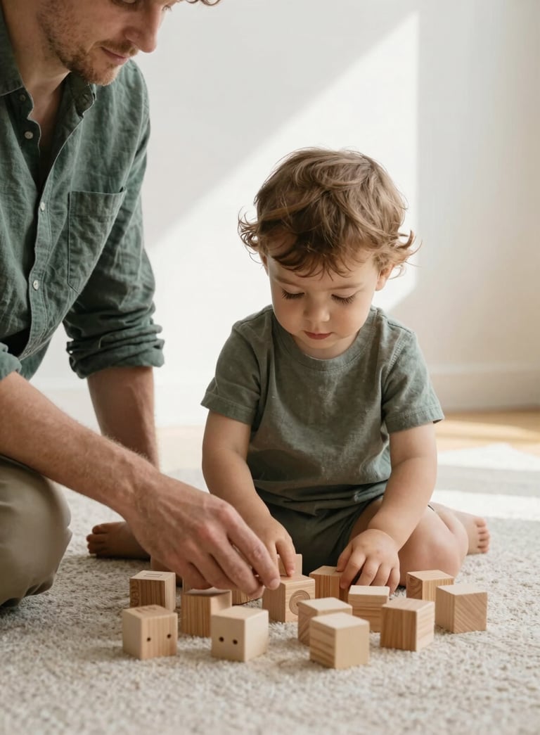 A premium, minimalist lifestyle shot of a parent and toddler sitting on a soft beige rug, playing together with high-quality wooden blocks in a sun-drenched room with white walls. The parent wears a deep sage green linen shirt. Soft, natural lighting.