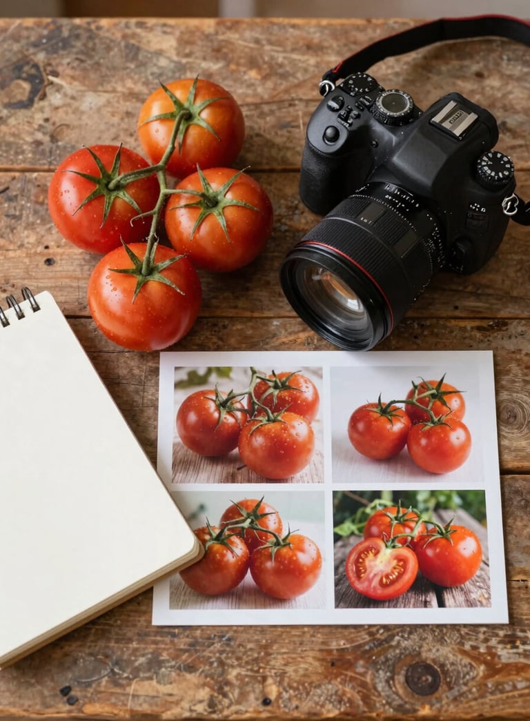 A top-down photography shot of a rustic wooden table in a North American creative studio. A digital marketing mood board with high-quality photos of ripe tomatoes is spread out next to a professional DSLR camera and a clean notebook. Soft, natural morning light fills the frame.