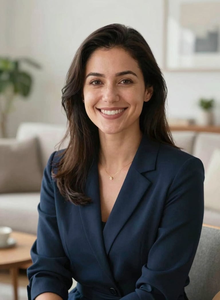 A warm portrait of a professional virtual companion smiling in a bright North American / US living room setting. The lighting is soft and natural, emphasizing a sense of calm reliability and midnight blue accents.