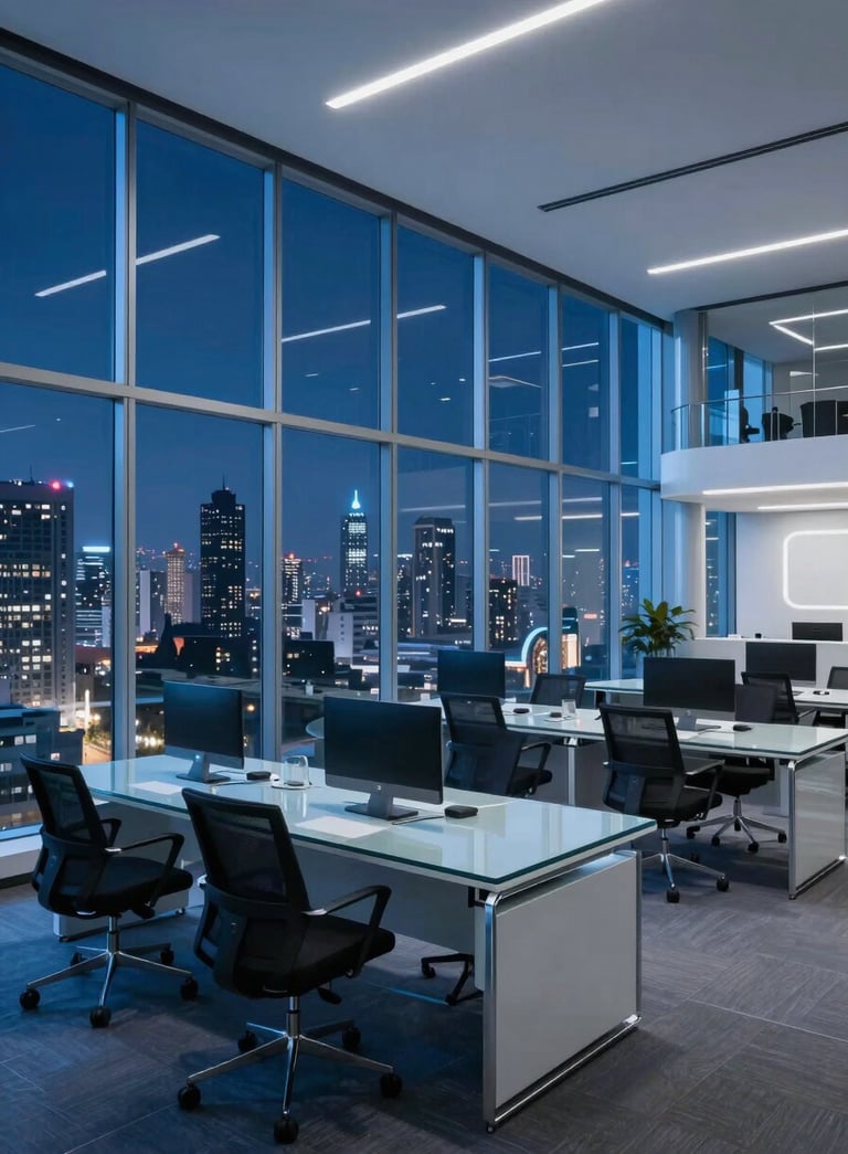 A wide shot of a futuristic South American office space at night, with floor-to-ceiling windows overlooking a city skyline, featuring clean glass desks and sophisticated blue lighting.