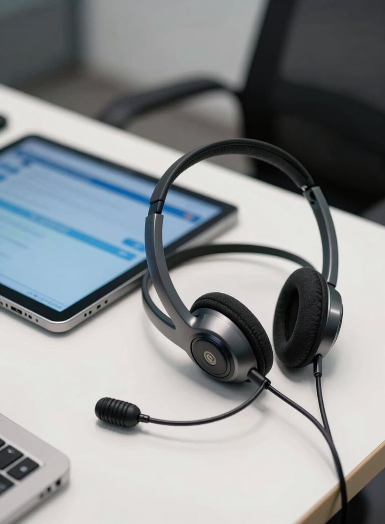 A close-up of a high-tech communication setup in a Brazilian office. A modern, sleek headset rests on a polished white desk next to a digital tablet displaying a blurry interface with medium blue and light blue colors. Clean and professional aesthetic.