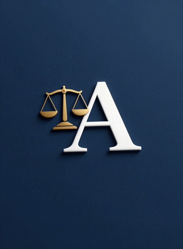 A refined logo for a law firm featuring a stylized gold balance of justice icon next to elegant white serif typography on a navy blue background, professional and prestigious.
