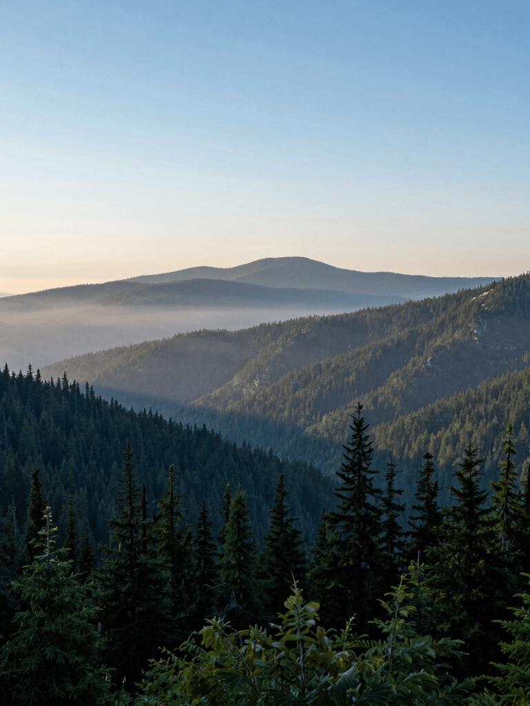 A wide cinematic landscape of a misty mountain range at dawn in the North American / US Pacific Northwest, featuring deep forest green and soft sky blue tones.