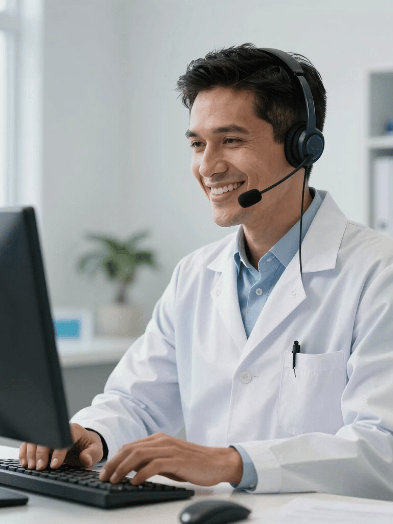 A professional South American pharmacist wearing a headset, smiling warmly and confidently while working in a bright, modern clinic office with white and pale blue accents.