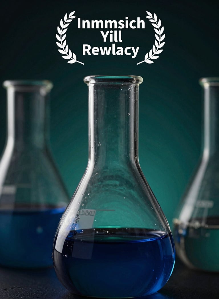 An artistic close-up of high-end laboratory glassware, specifically a round-bottom flask, with soft lighting transitions from deep navy blue to dark forest teal in the background.