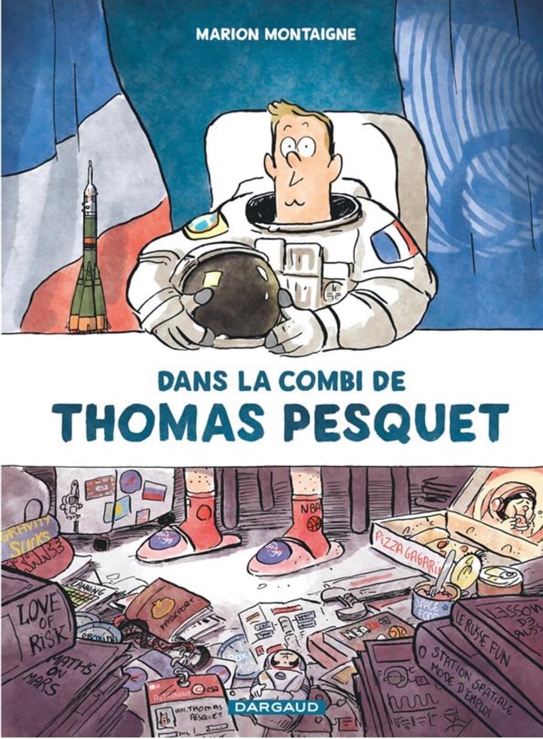 Comic book cover "Dans la Combi de Thomas Pesquet" with a cartoon astronaut, space, and humorous objects.