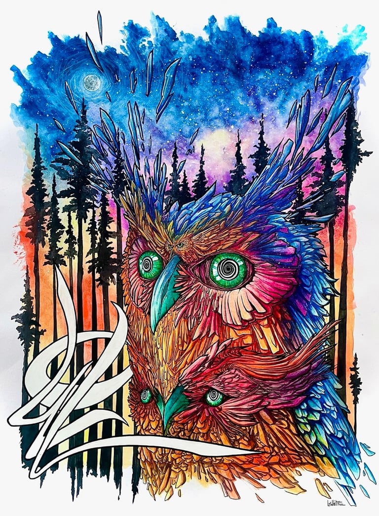 une aquarelle avec une chouette rouge