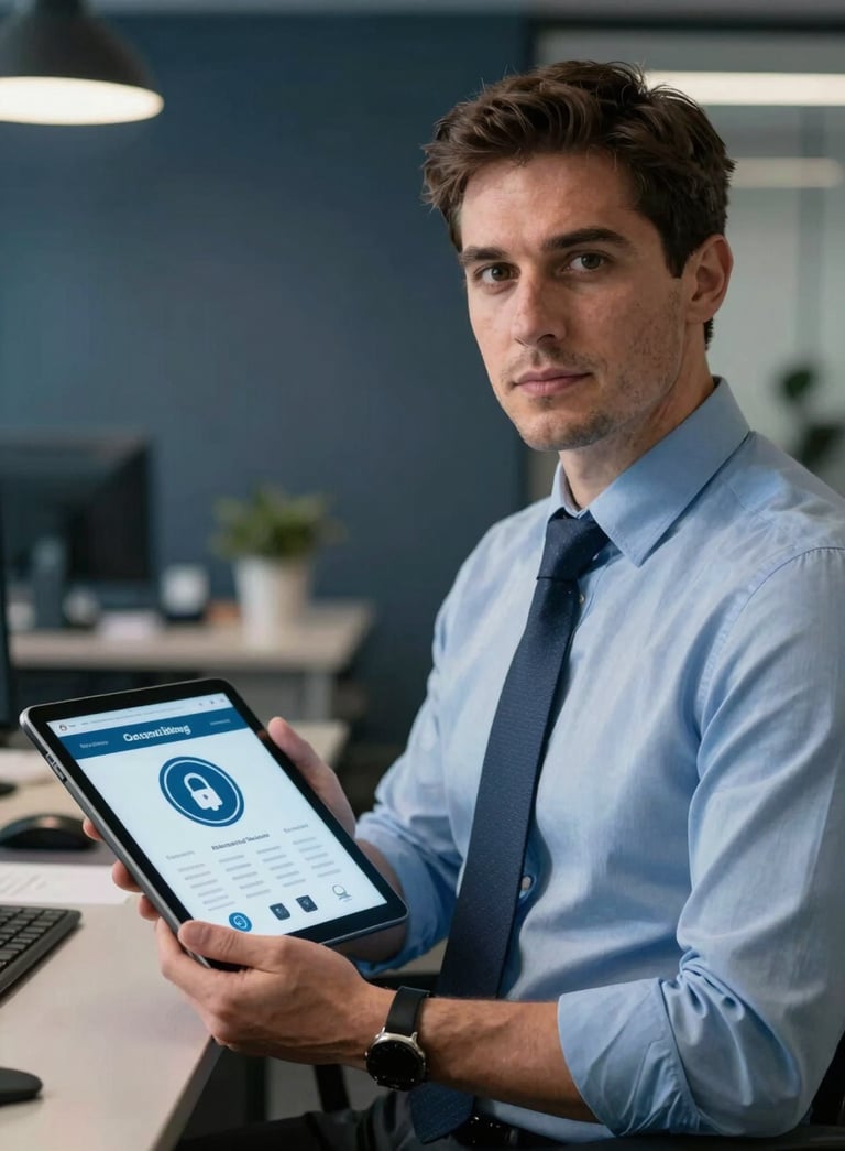 A professional financial investigator in a modern British / UK office, looking confidently into the camera, holding a tablet showing a secure digital wallet interface, steel blue and dark charcoal environment.