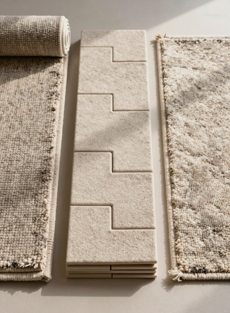 Close-up flat-lay of three carpet format samples side by side — a broadloom roll edge showing dense pile cross-section, a modular tile stack with precision-cut corners, and a custom-trimmed carpet piece, all photographed under soft north-facing daylight on a neutral ivory surface