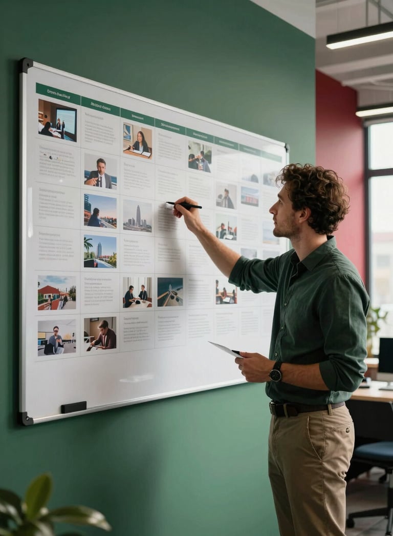 A professional digital marketer in a modern European / French office, planning a social media grid on a large board, soft morning light, forest green and deep red workspace accents.