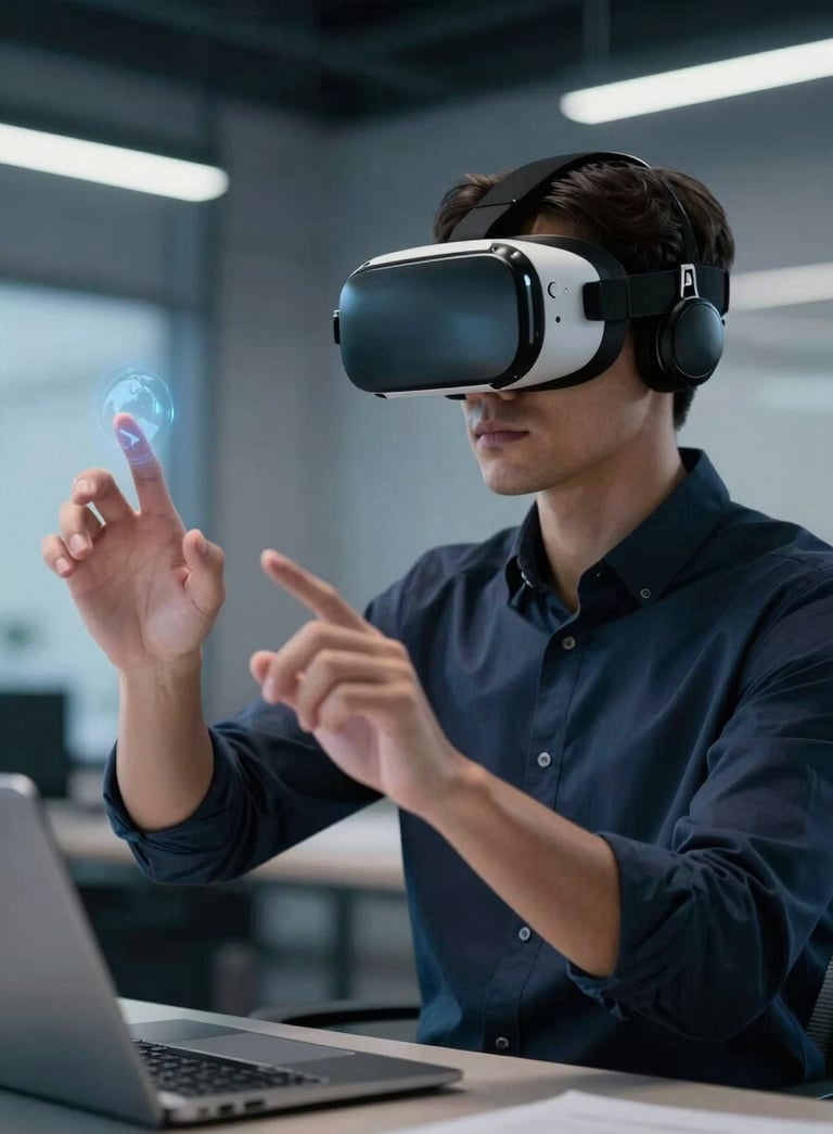 A professional in a sleek, modern office wearing advanced VR goggles, their hands reaching out to interact with an invisible interface. Soft blue and navy lighting. International / Global.
