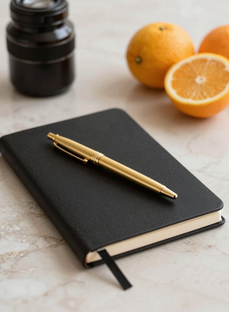 A minimalist and sophisticated close-up of a nutritionist workspace in Brazil, featuring a black notebook, a high-end gold pen, and fresh citrus fruits on a beige marble surface, soft natural lighting.