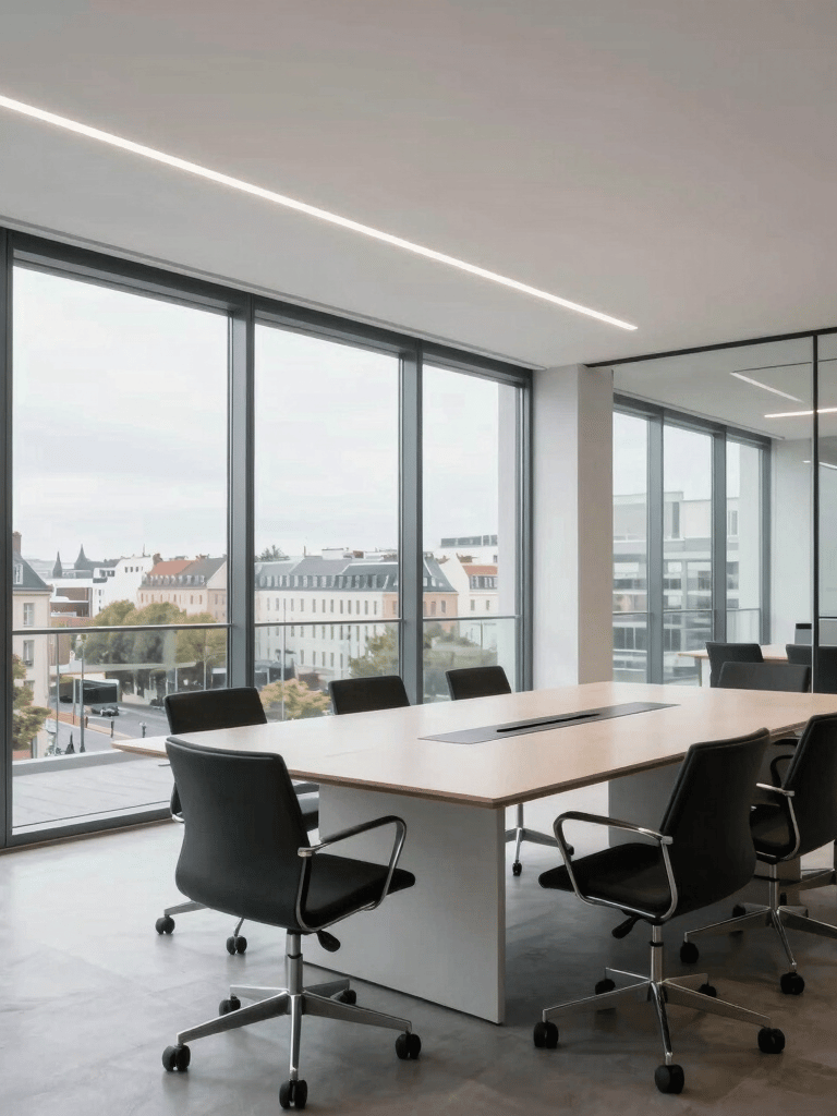 A high-resolution photograph of a bright, modern corporate boardroom in Rouen, France / Norman. Large glass windows offer a view of the city, and the interior features minimalist furniture and an impeccably clean environment.
