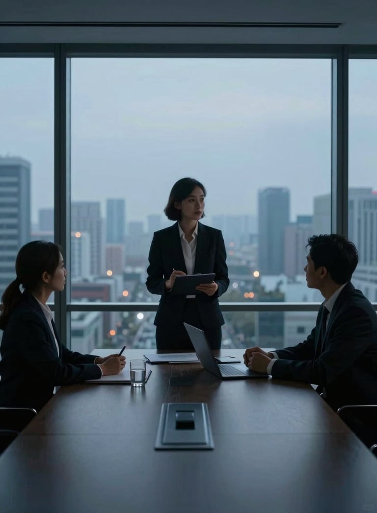 A sophisticated professional meeting in a modern high-rise office at twilight. A recruiter and client are silhouetted against a large window overlooking a city. The lighting is cool with soft mist and dark slate tones, conveying trust and discretion.