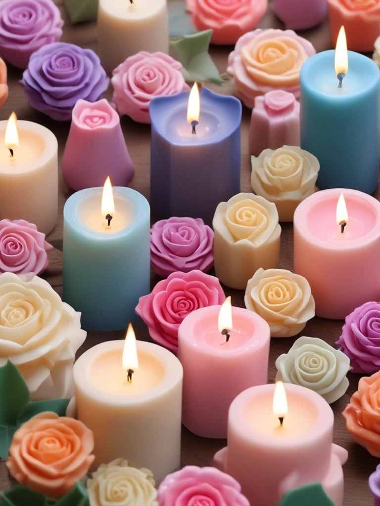 A collection of handcrafted rose-shaped candles in soft pastel colors.