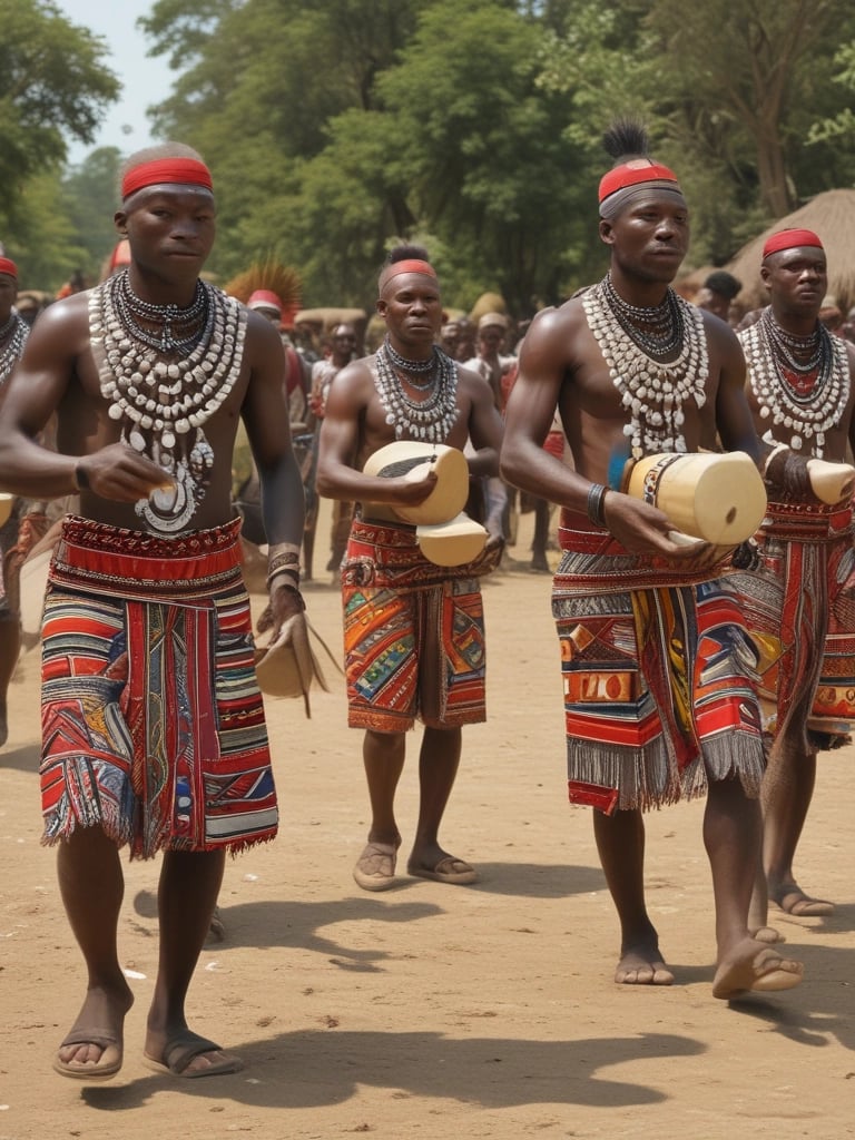 A lively street market scene with a group of musicians playing traditional instruments. The musicians, dressed casually, are seated in a line with various string and percussion instruments. Stalls in the background have colorful fabrics and other items, creating a vibrant atmosphere enhanced by warm lighting. People are browsing the stalls, adding to the bustling ambiance.