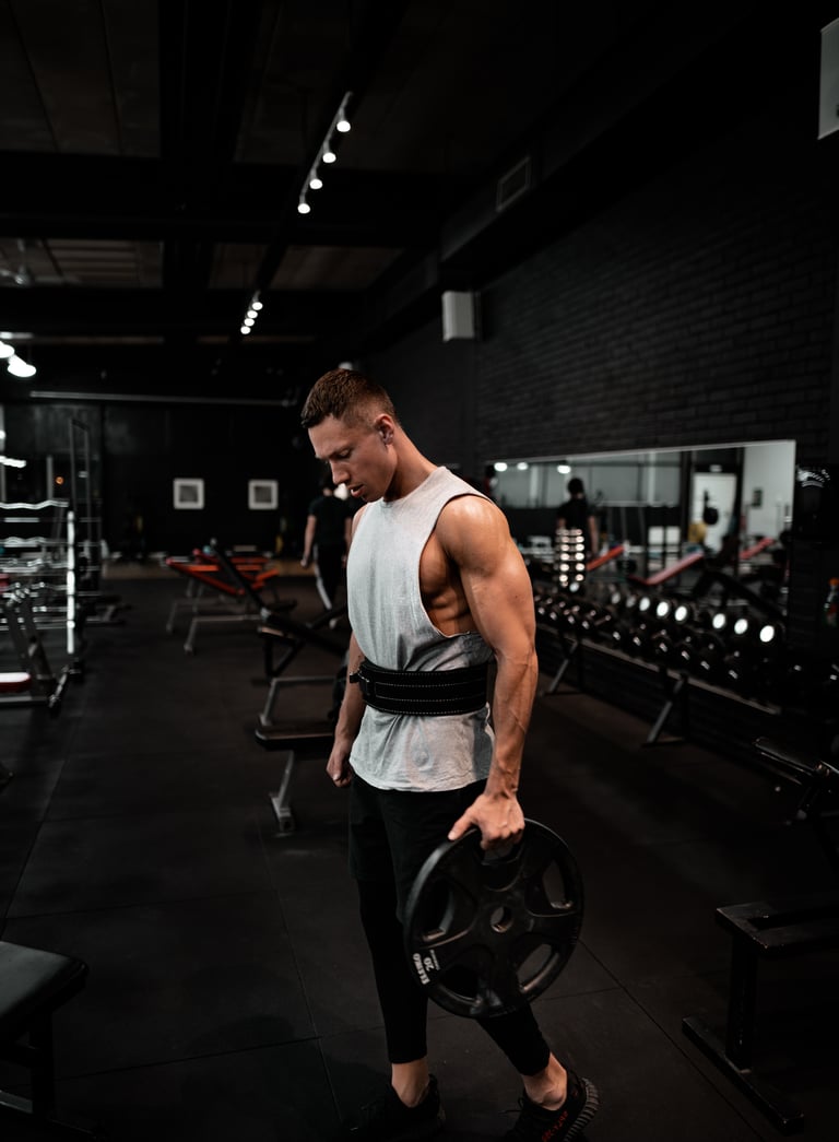 a man in a white tank top and black pants