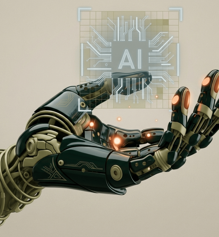 Mano robótica futurista sosteniendo un holograma brillante de un microchip con las letras AI, concep