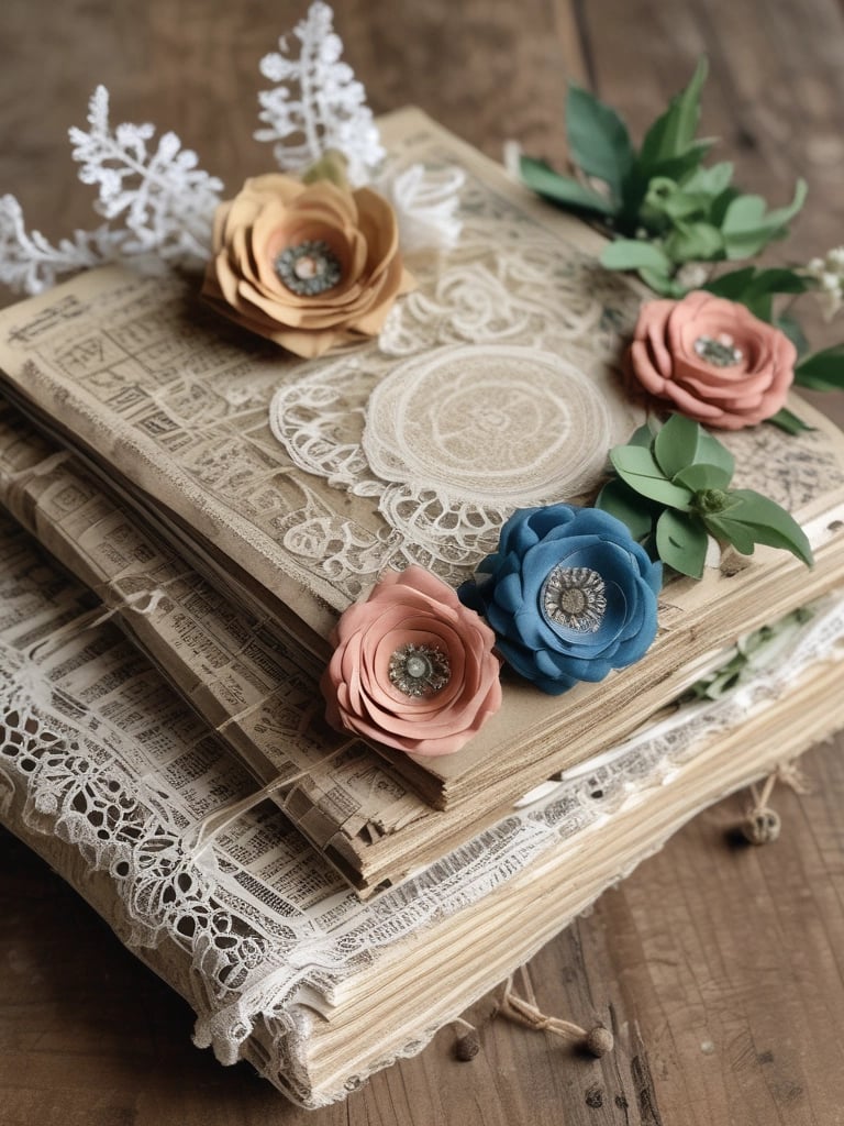 a stack of journals with flowers on top of them