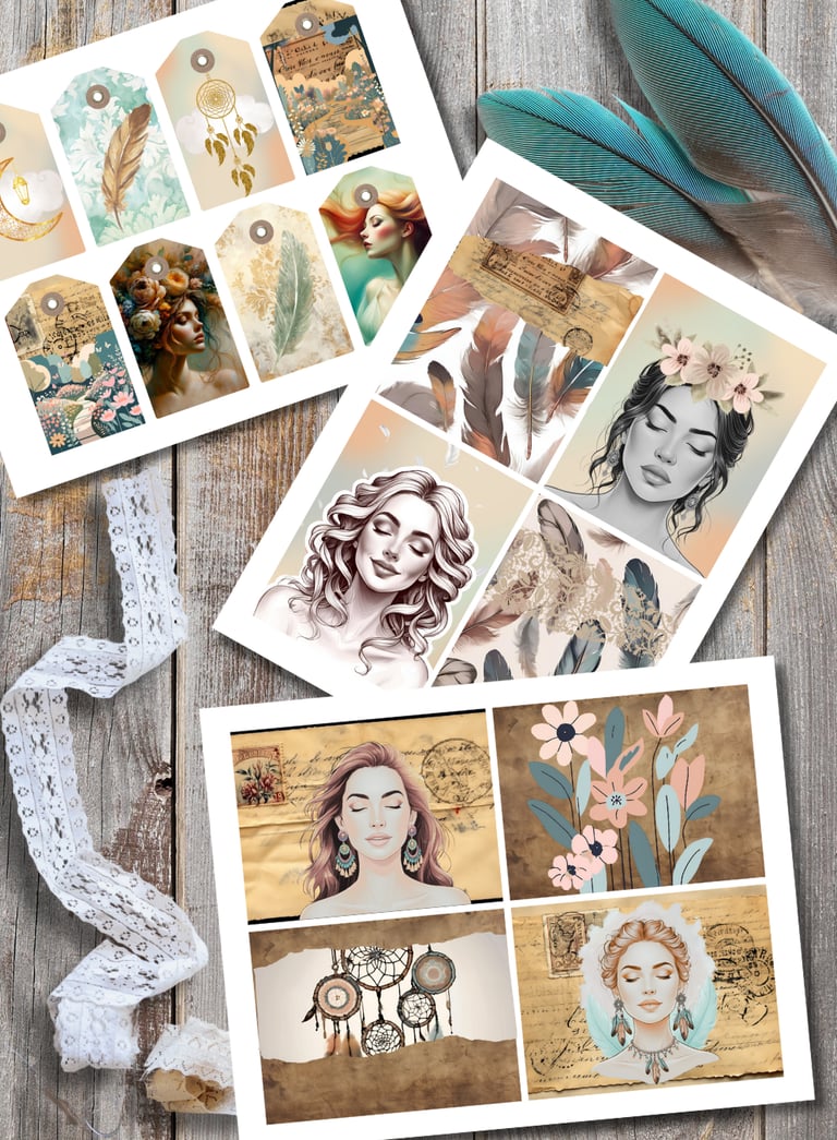 Boho-inspired ephemera featuring feathers, dreamcatchers, and portraits of women in muted tones