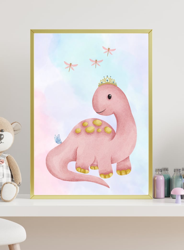 A pink dinosaur with a crown on it and pink dragonflies around it.