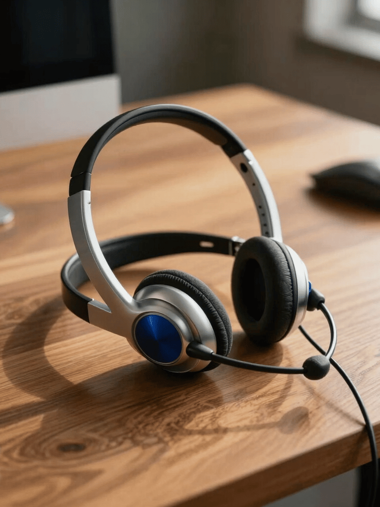 A sophisticated South American / Brazilian workspace with a focused professional atmosphere, featuring a high-quality headset on a polished wooden desk, warm Golden and Steel Blue accents, elegant simplicity.