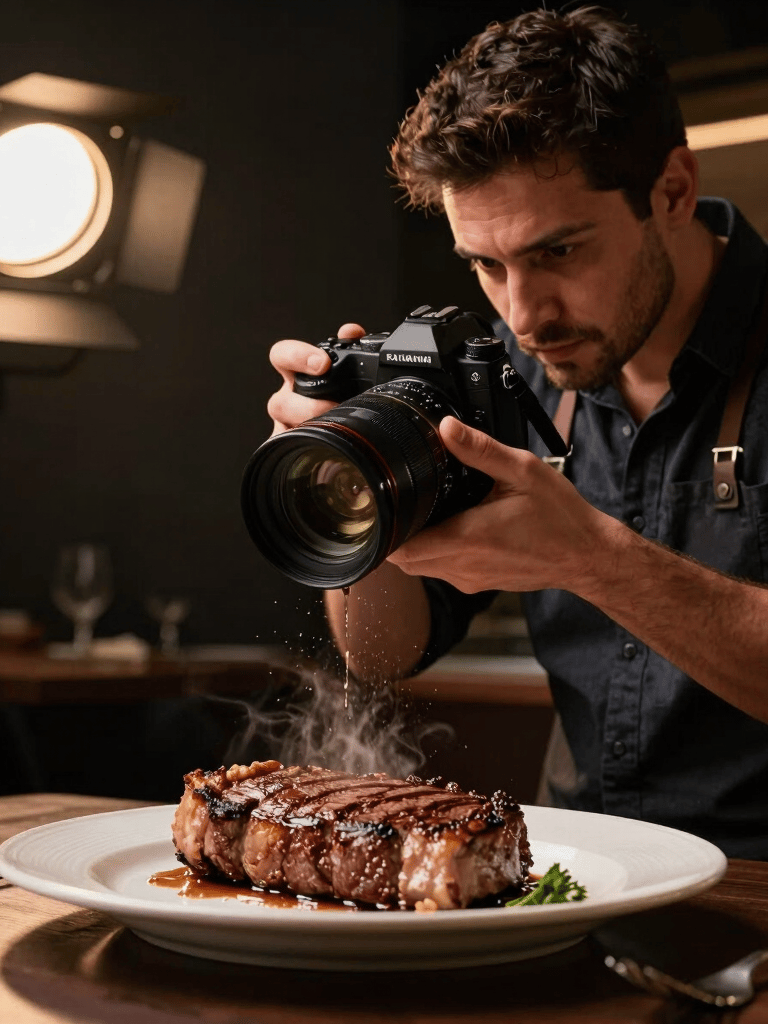 Photography of a South American / Brazilian professional photographer in a dimly lit, sophisticated studio, using a high-end camera to capture a close-up of a sizzling steak. Warm spotlighting, professional atmosphere, focusing on the content creation process for a high-end restaurant.