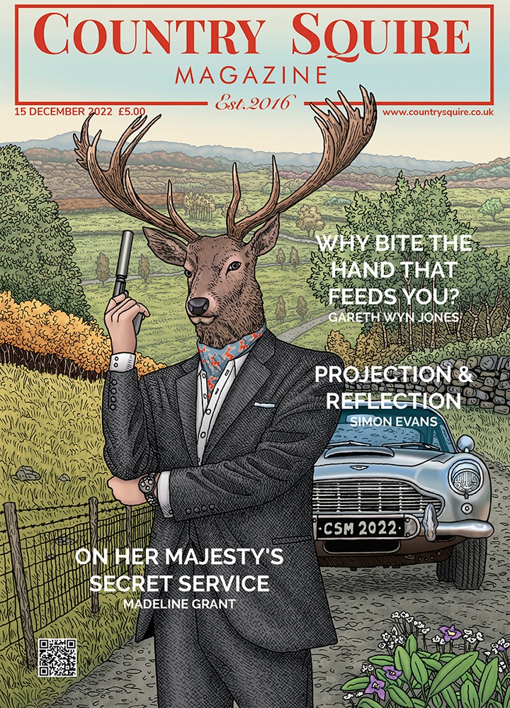 Country Squire magazine cover with a stag in men's clothing in front of a car.