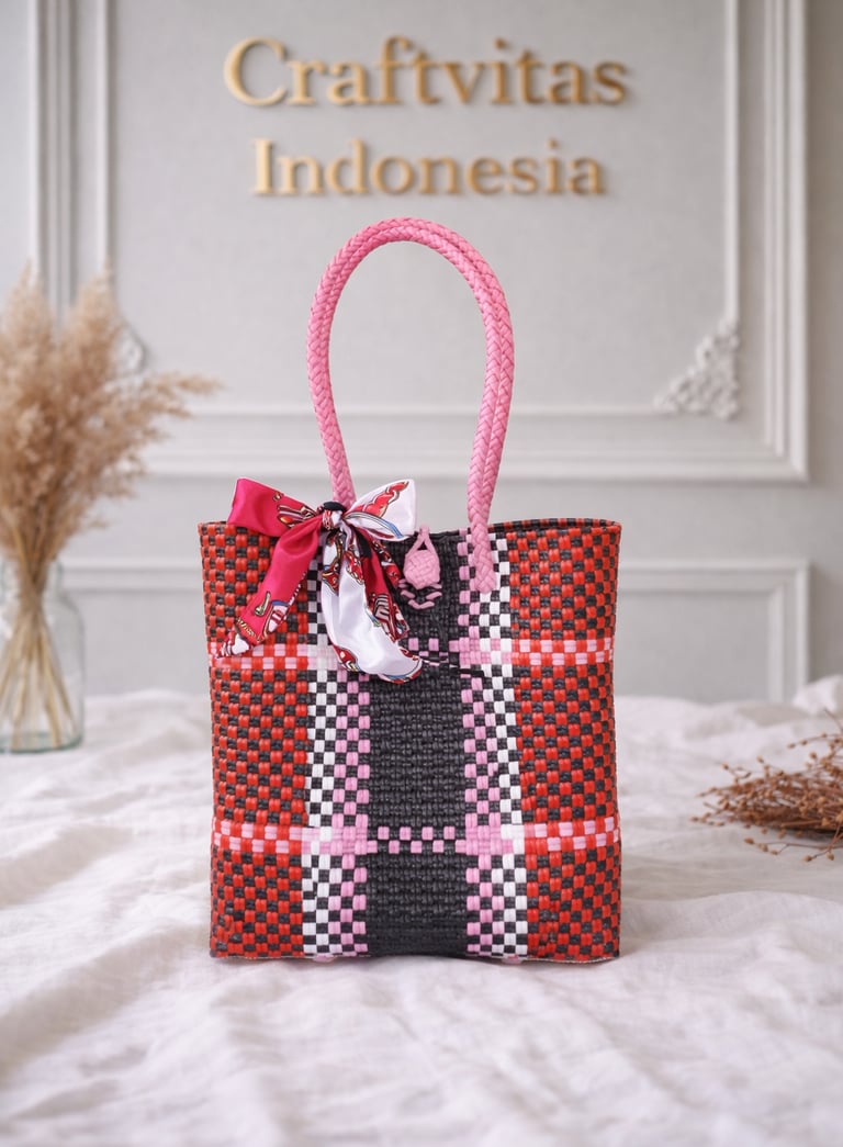 Tas anyaman plastik motif batik hitam merah dengan aksen pink handmade Craftvitas Indonesia