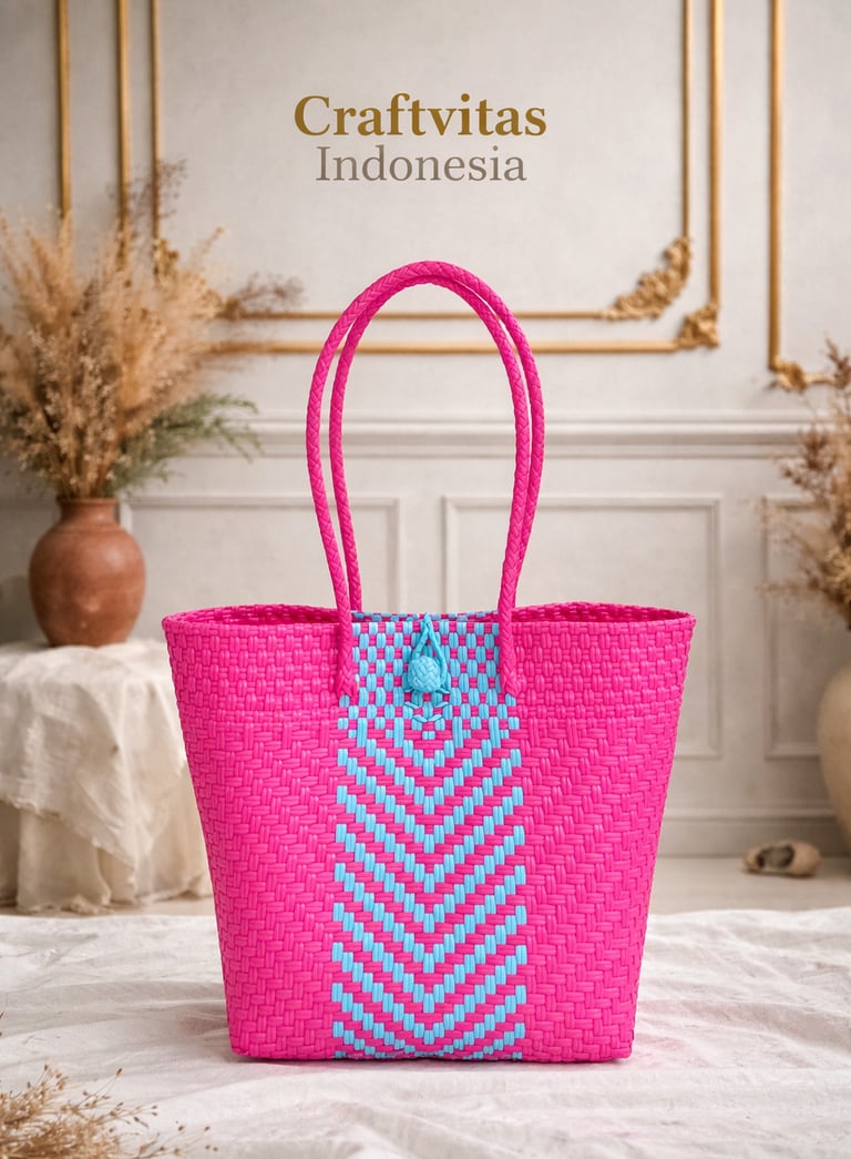 Tas anyaman plastik handmade warna pink dan biru dengan motif chevron modern dari Craftvitas Indonesia