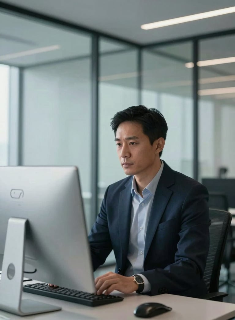 A professional marketing strategist in a modern North American / US office with sleek glass walls, looking at a large monitor, soft silver and dark navy tones, professional cinematic lighting.