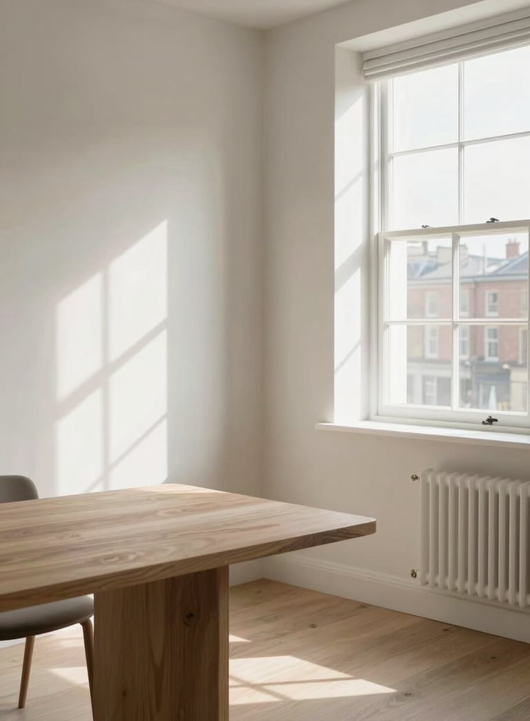 A clean, bright home interior in a British townhouse, soft morning light filtering through a window onto a minimalist wooden table, high-end lifestyle photography, color palette of off-white and soft grey.