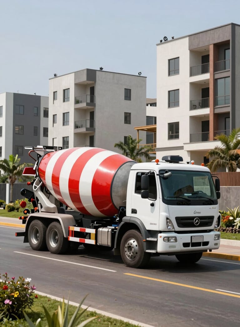 A professional photography shot of a red and white concrete mixer truck branded with gold accents, driving through a modern residential development in Lima Norte, South American / Peruvian landscape, bright sunny day.
