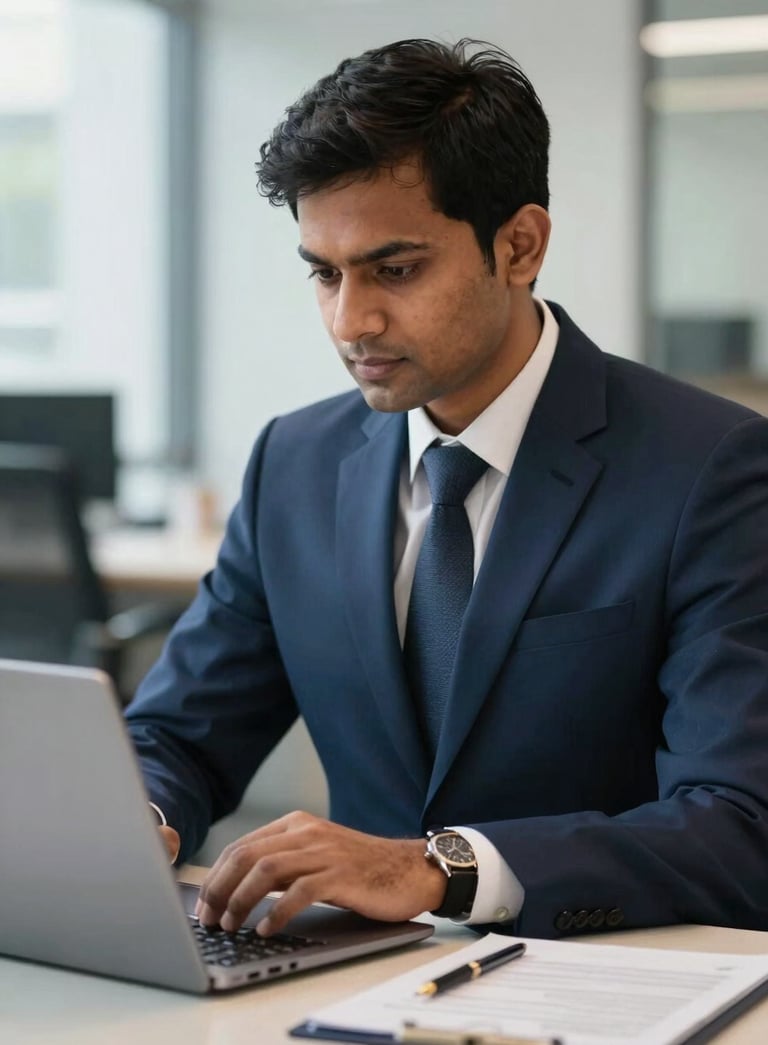 A high-end, close-up photograph of a professional South Asian / Indian male accountant in a sharp navy blue suit, working at a clean desk with a laptop and a fountain pen in a modern Bangalore office setting, soft bokeh background.