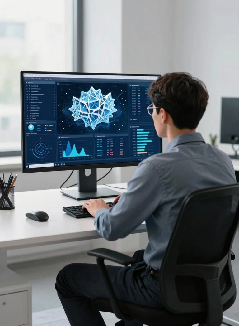 A focused professional sitting at a minimalist desk in a bright North American office, looking at a large monitor displaying complex data visualizations in shades of ice blue and navy.