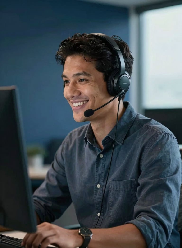 A professional South American / Brazilian person wearing a sleek headset, smiling while looking at a monitor, soft natural light, modern and clean office environment, shades of dark blue in the background.