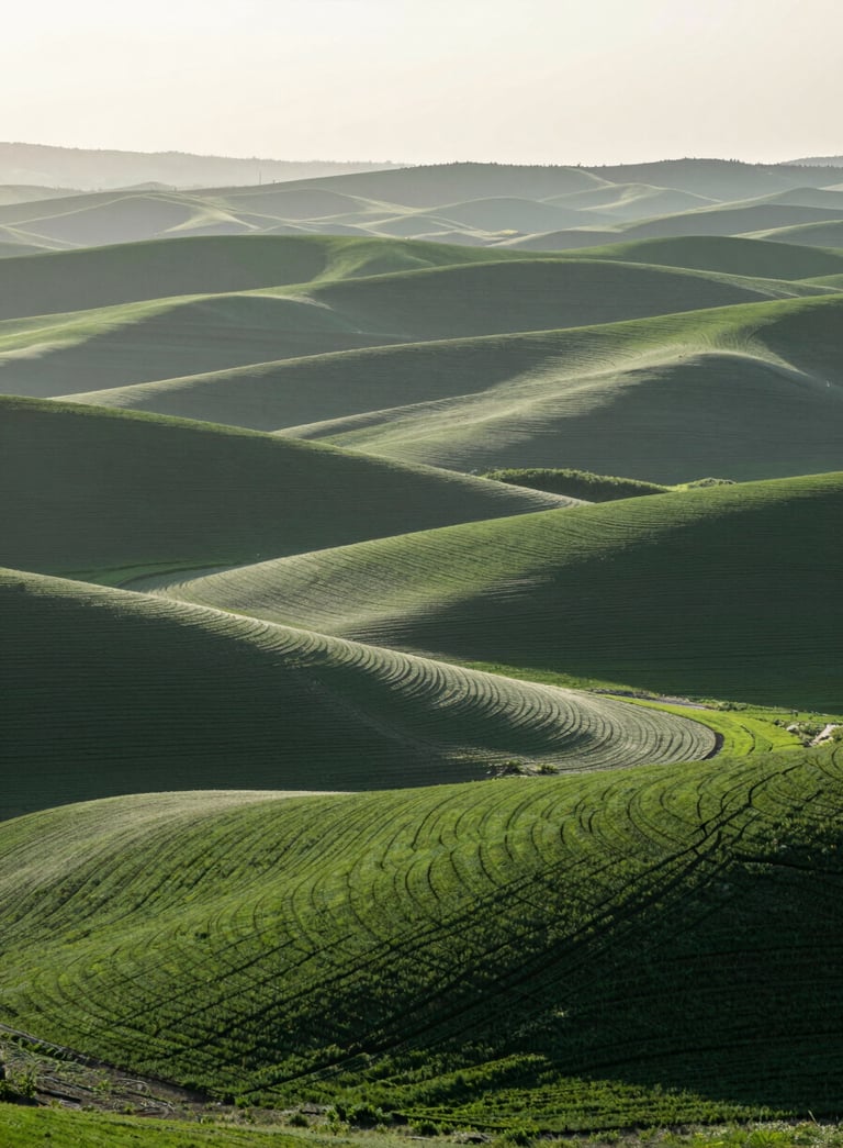 A wide-angle landscape of rolling North American hills with meticulously planned organic crop fields, soft hazy morning light, a palette of deep forest green and light sage, sophisticated and clean composition.