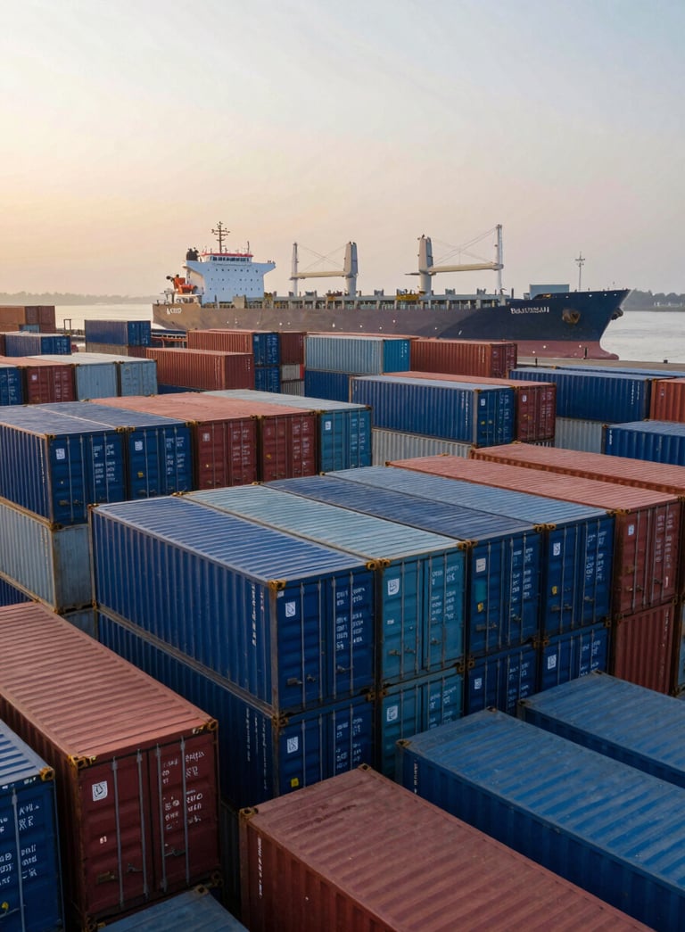 Photography of a bustling South Asian port at sunrise, shipping containers stacked neatly in shades of blue, a large cargo vessel in the distance, professional and authoritative tone.