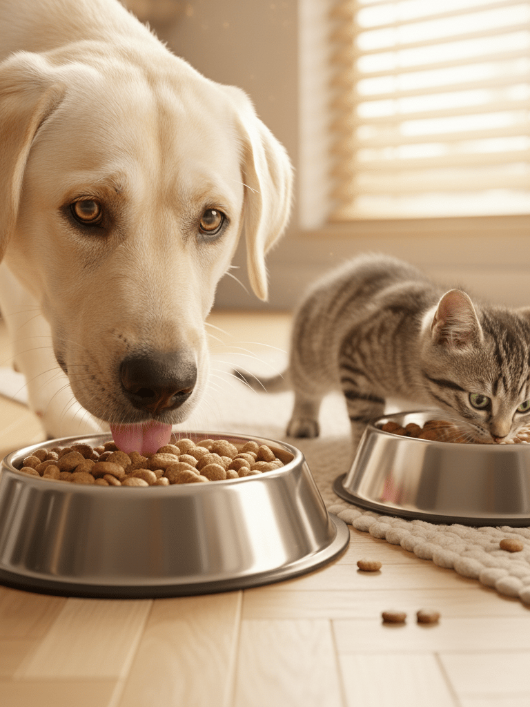a dog and a cat are eating food out of a bowl