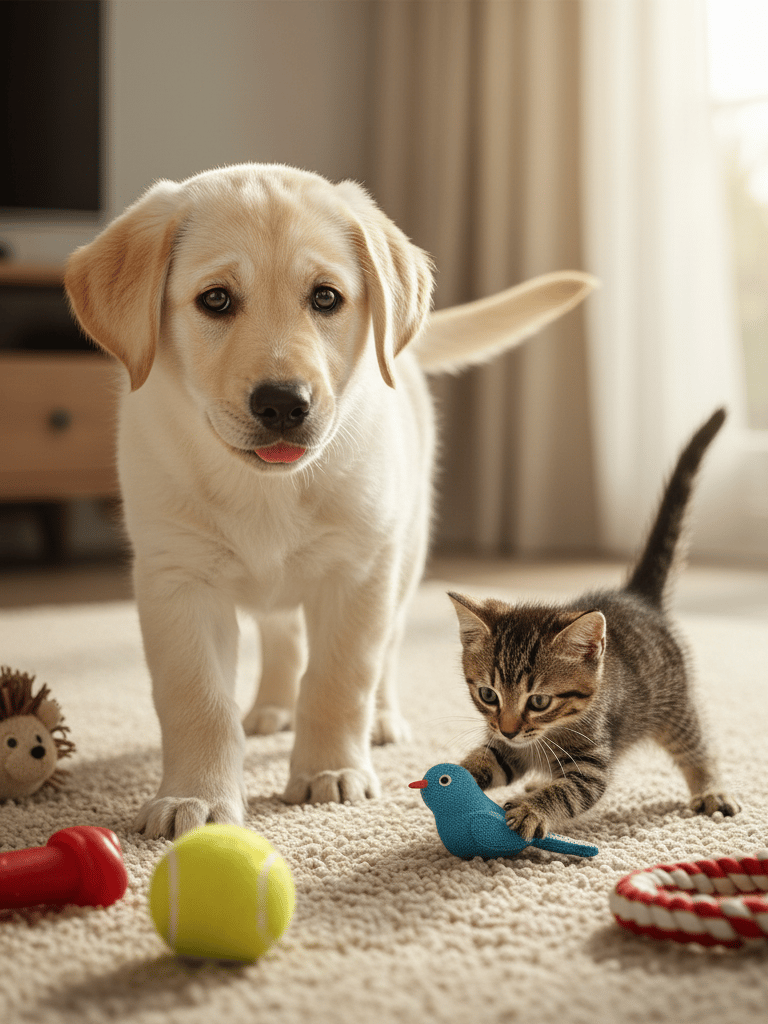 a dog and a cat playing with toys